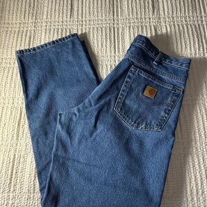 Carhartt Men’s Dark Blue Relaxed Fit Jeans with Back Pocket Patch